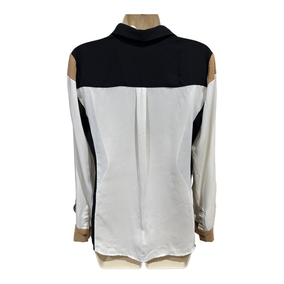 ⭐️ NY&C BLOUSE - HALF BUTTON BLACK WHITE TAN COLOR BLOCK SHIRT - SIZE XS ⭐️ - Picture 3 of 6